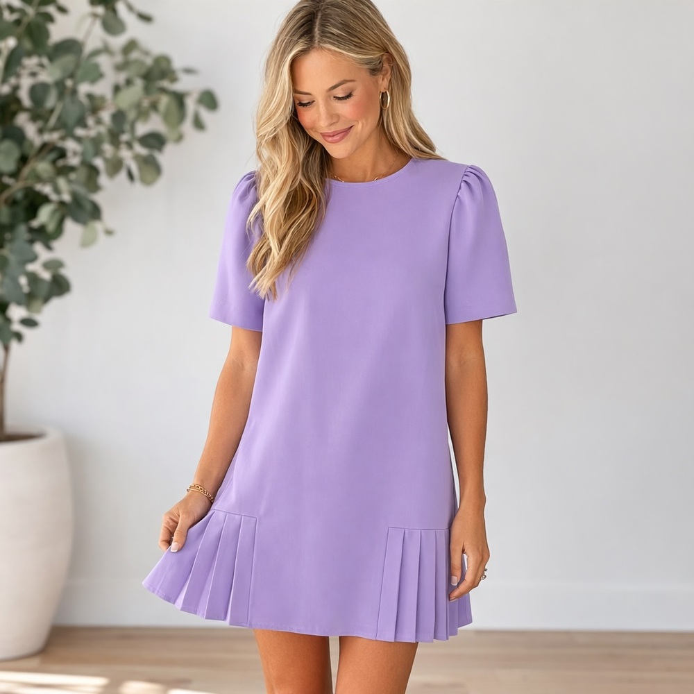LaRoque Puff Sleeve Shift Dress Lilac Lavender Pleated Medium Boutique Easter